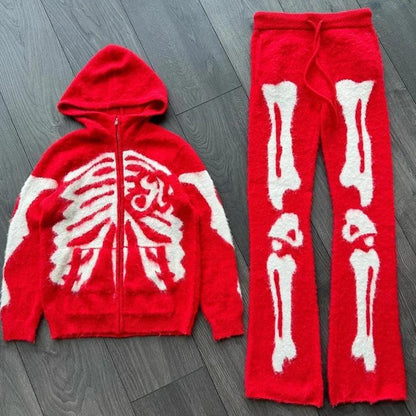 Hip-Hop Knitted Skull Hooded Zip Sweater 2-Piece Set