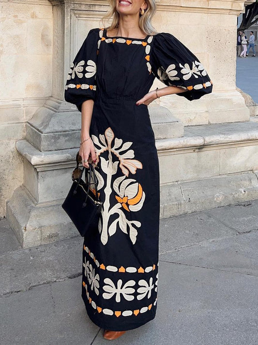 Puff Sleeve Slit Hem Appliques Maxi Dress