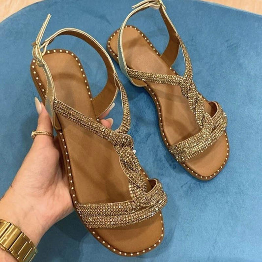 Gold Rhinestone Sparkle Flat Sandals