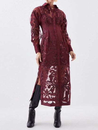 Applique Organdie Woven Midi Shirt Dress