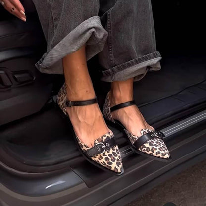 Pointed Toe Leopard Print Belt Buckle Flat Sandals