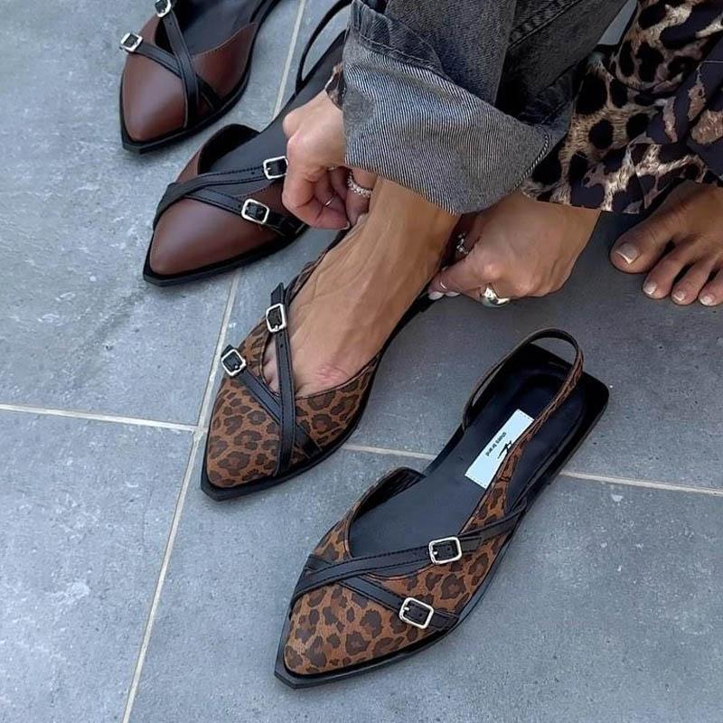 Leopard Print BeltBuckle Flat Sandals