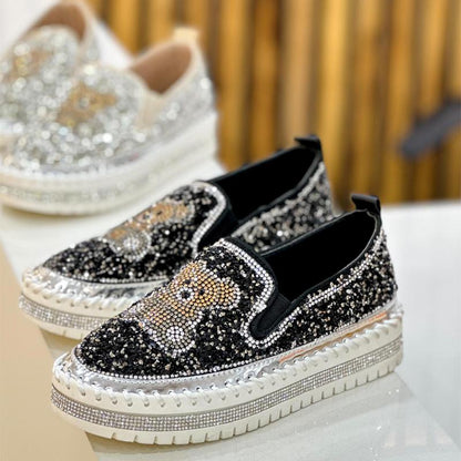 Fashion Rhinestone Sequins Bear Hand-stitched Casual Flat Shoes