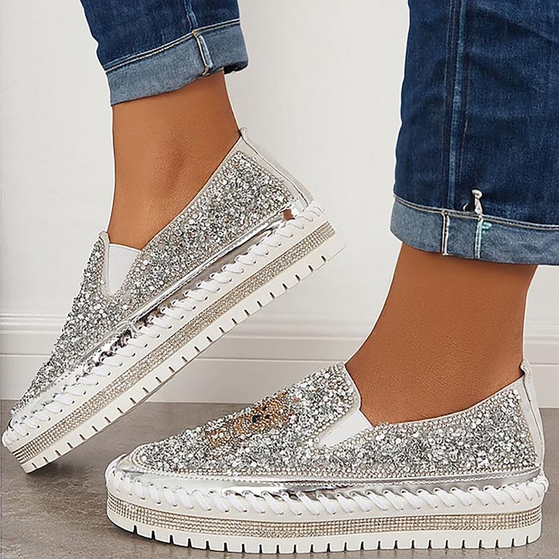 Fashion Rhinestone Sequins Bear Hand-stitched Casual Flat Shoes