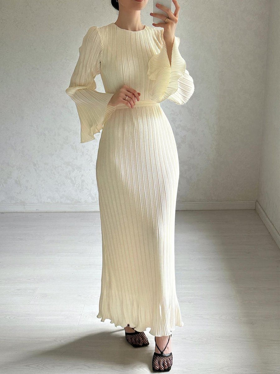 Round Neck Ruffe Long Sleeve Dress