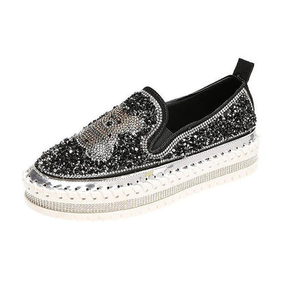 Fashion Rhinestone Sequins Bear Hand-stitched Casual Flat Shoes