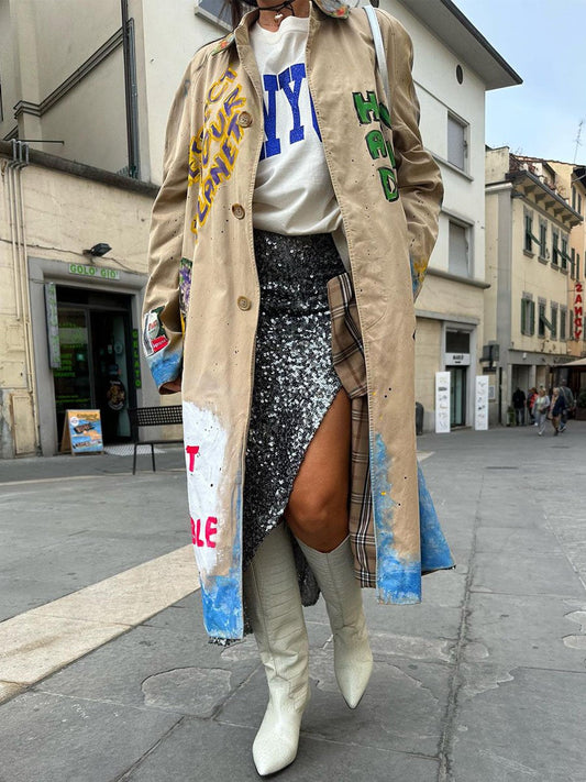 Graffiti Letter Print Wind Coat