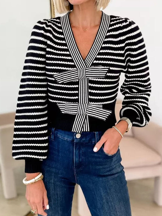 Striped V-neck Bow Cardigan