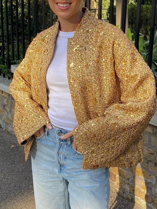 Sequin High Collar Long Sleeve Jacket