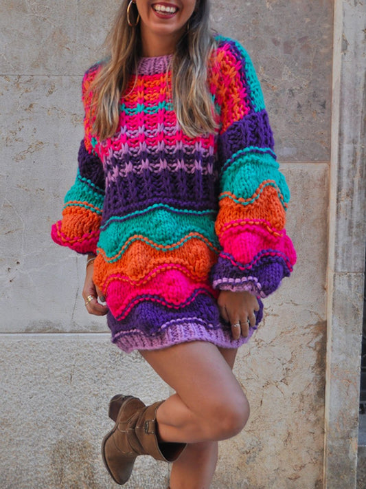 Rainbow Contrast Handmade Sweater Dress