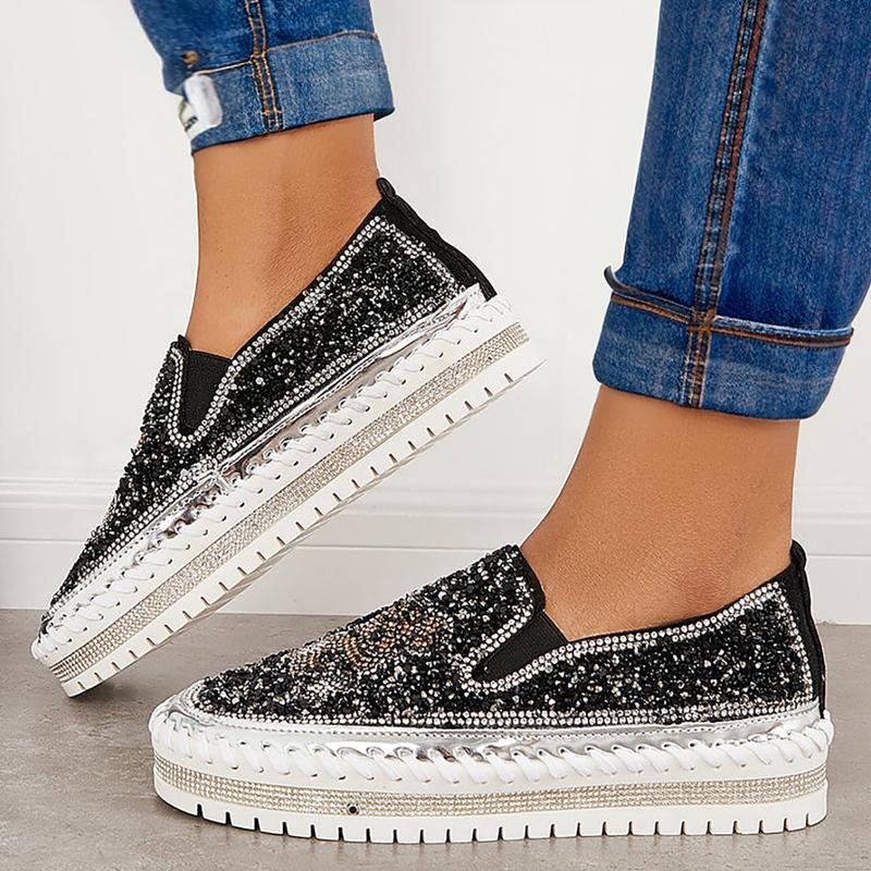 Fashion Rhinestone Sequins Bear Hand-stitched Casual Flat Shoes