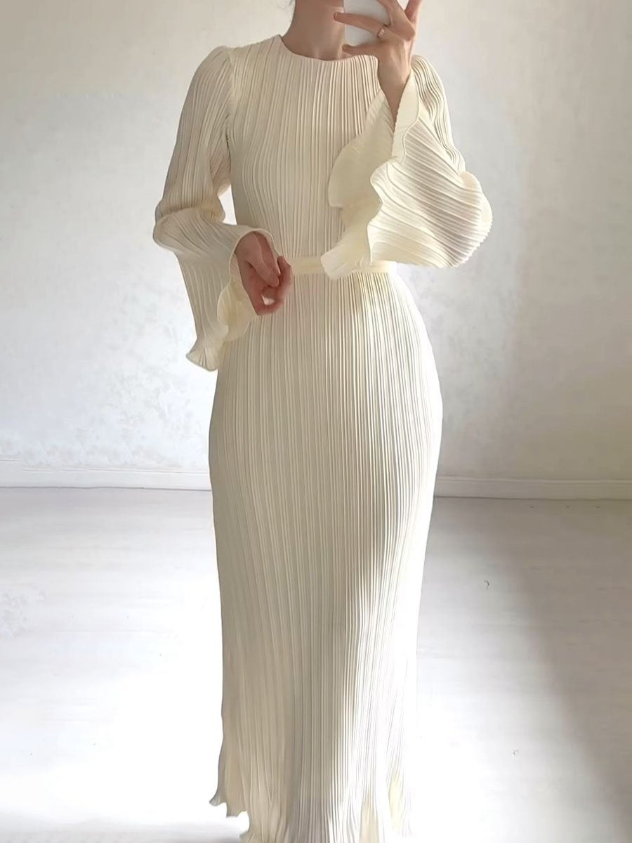 Round Neck Ruffe Long Sleeve Dress