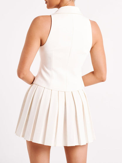 Deep V Neck Sleeveless Top & Pleated Skirts