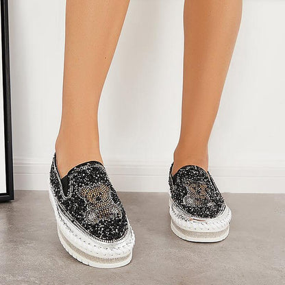 Fashion Rhinestone Sequins Bear Hand-stitched Casual Flat Shoes