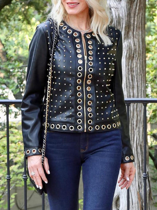 Faux Leather Hollowed Out Jacket