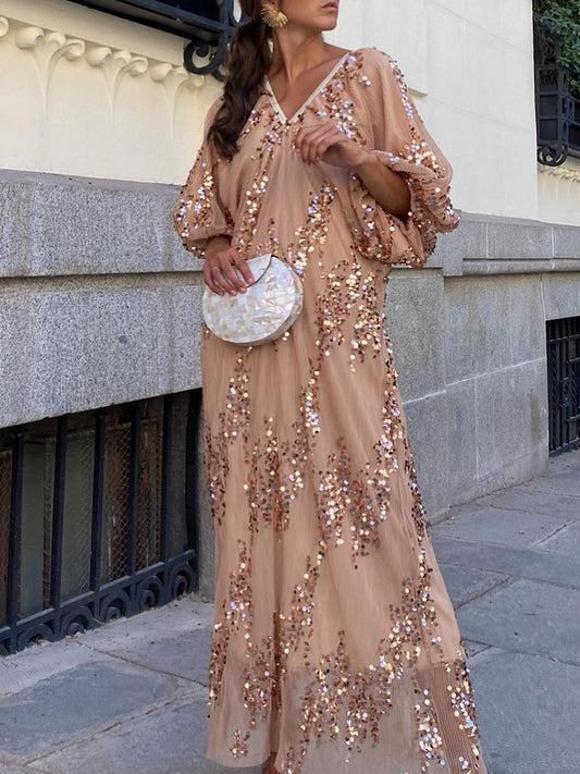 Batwing Sleeve Sequin Deep V Neck Maxi Dress