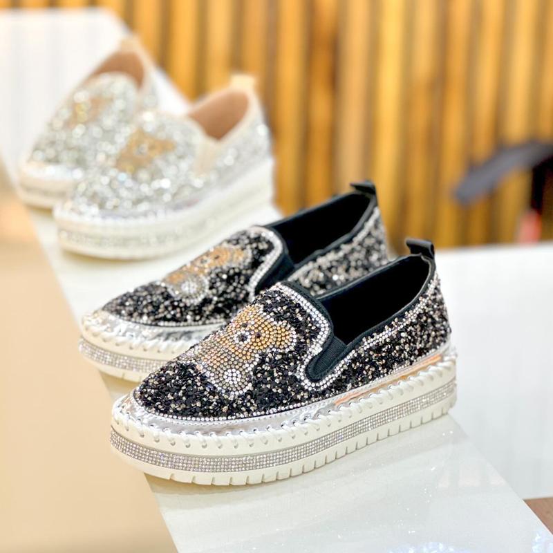 Fashion Rhinestone Sequins Bear Hand-stitched Casual Flat Shoes