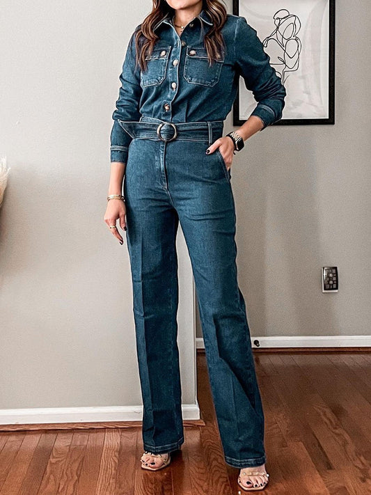 Denim Lace Up Button Up Long Sleeve Jumpsuit