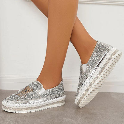 Fashion Rhinestone Sequins Bear Hand-stitched Casual Flat Shoes