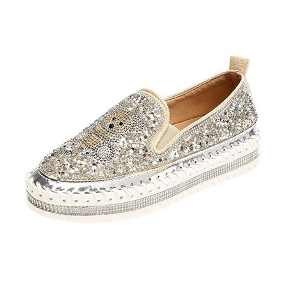 Fashion Rhinestone Sequins Bear Hand-stitched Casual Flat Shoes