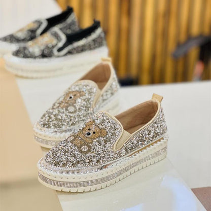 Fashion Rhinestone Sequins Bear Hand-stitched Casual Flat Shoes