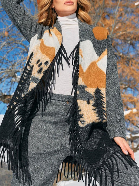 Printing Tassel Knit Sweater Cardigan